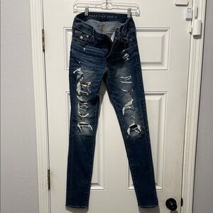 American Eagle Outfitters Women's Dark Blue Distressed Skinny Jeans 30x34